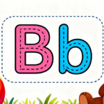 Preschool letter B tracing worksheet with uppercase and lowercase B and cute bear and ball illustrations