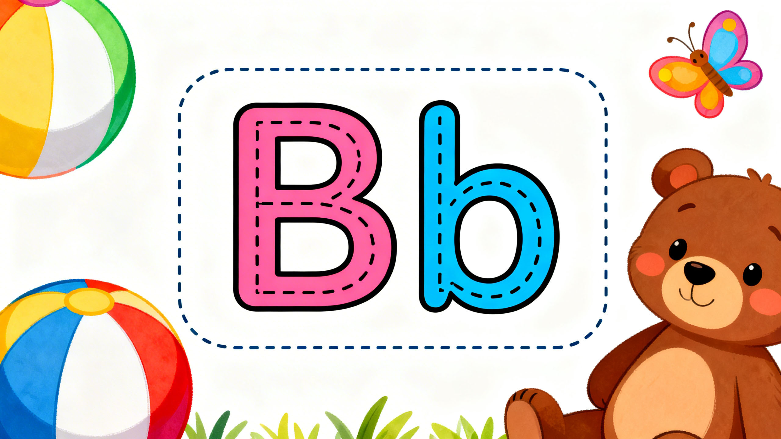 Preschool letter B tracing worksheet with uppercase and lowercase B and cute bear and ball illustrations