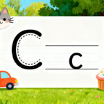 Preschool letter C tracing worksheet with uppercase and lowercase C and cute cat and car illustrations