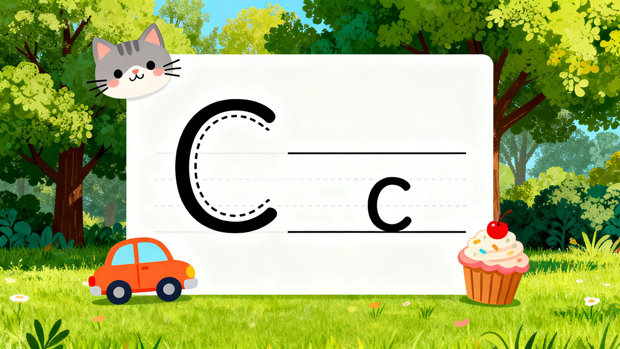 Preschool letter C tracing worksheet with uppercase and lowercase C and cute cat and car illustrations