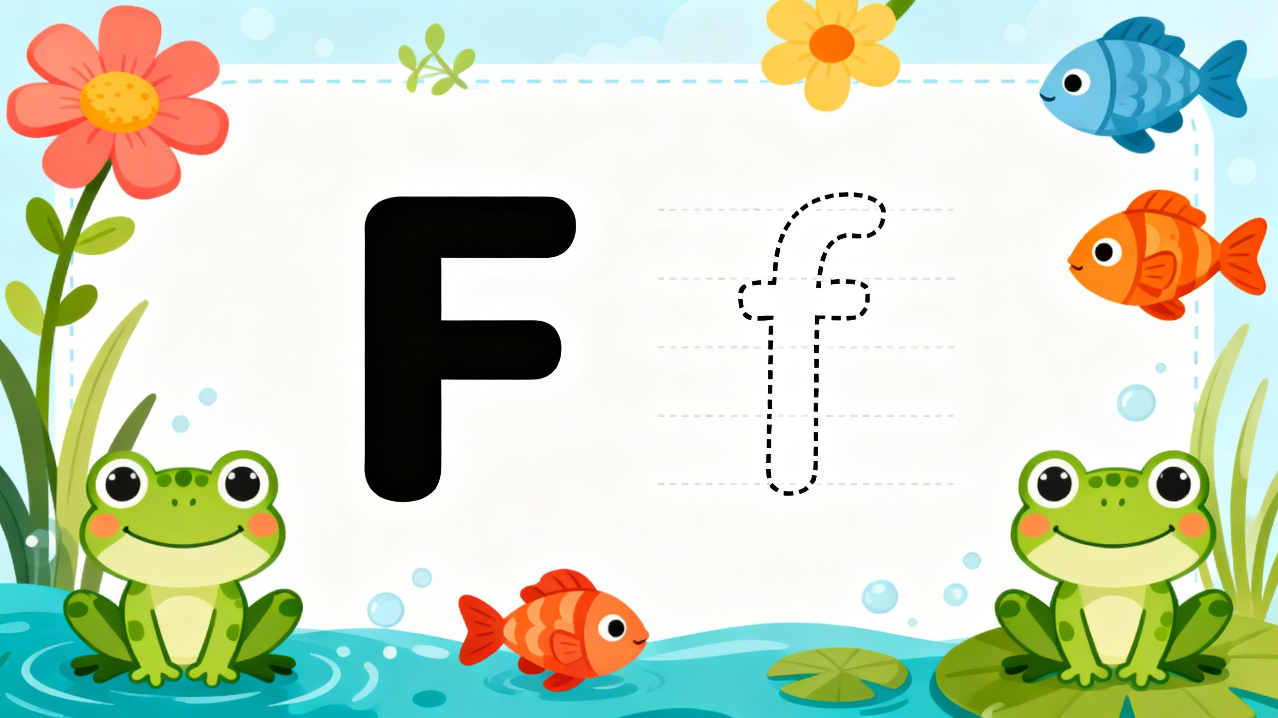 Preschool letter F tracing worksheet with uppercase and lowercase F and cute frog and fish illustrations