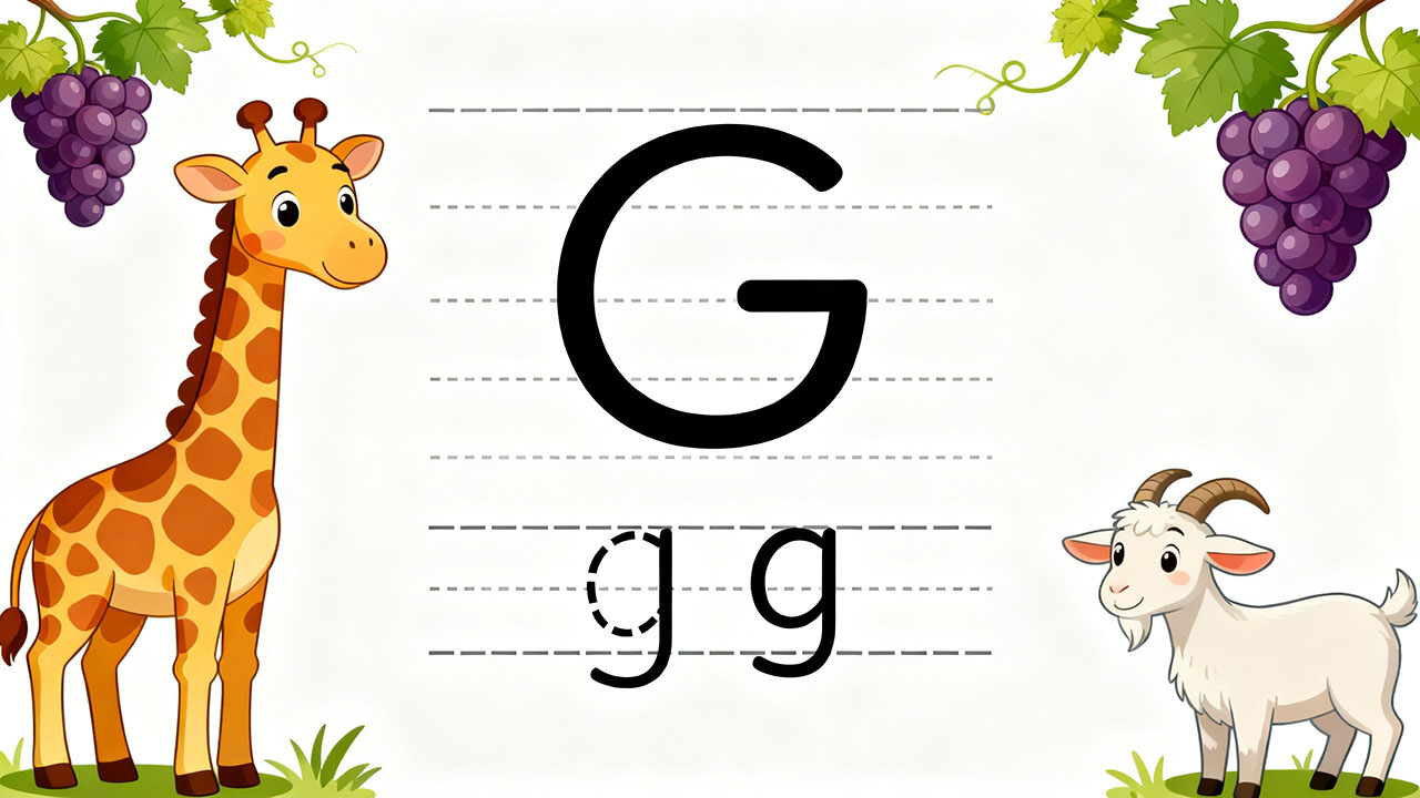 Preschool letter G tracing worksheet with uppercase and lowercase G and cute giraffe and grapes illustrations