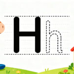 Preschool letter H tracing worksheet with uppercase and lowercase H and cute horse and house illustrations