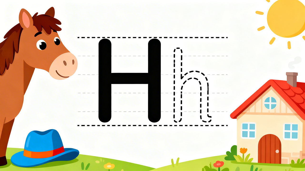 Preschool letter H tracing worksheet with uppercase and lowercase H and cute horse and house illustrations