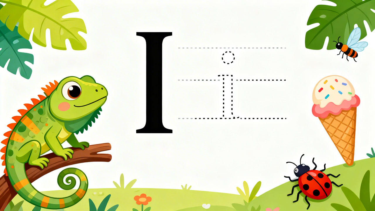 Preschool letter I tracing worksheet with uppercase and lowercase I and cute iguana and ice cream illustrations