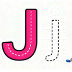 Preschool letter J tracing worksheet with uppercase and lowercase J and cute jellyfish and juice illustrations
