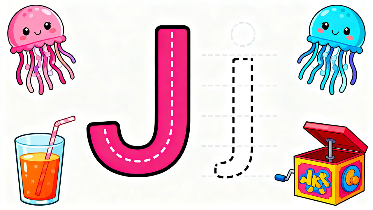 Preschool letter J tracing worksheet with uppercase and lowercase J and cute jellyfish and juice illustrations