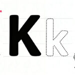 Preschool letter K tracing worksheet with uppercase and lowercase K and cute kite and koala illustrations