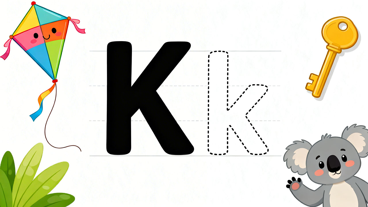 Preschool letter K tracing worksheet with uppercase and lowercase K and cute kite and koala illustrations