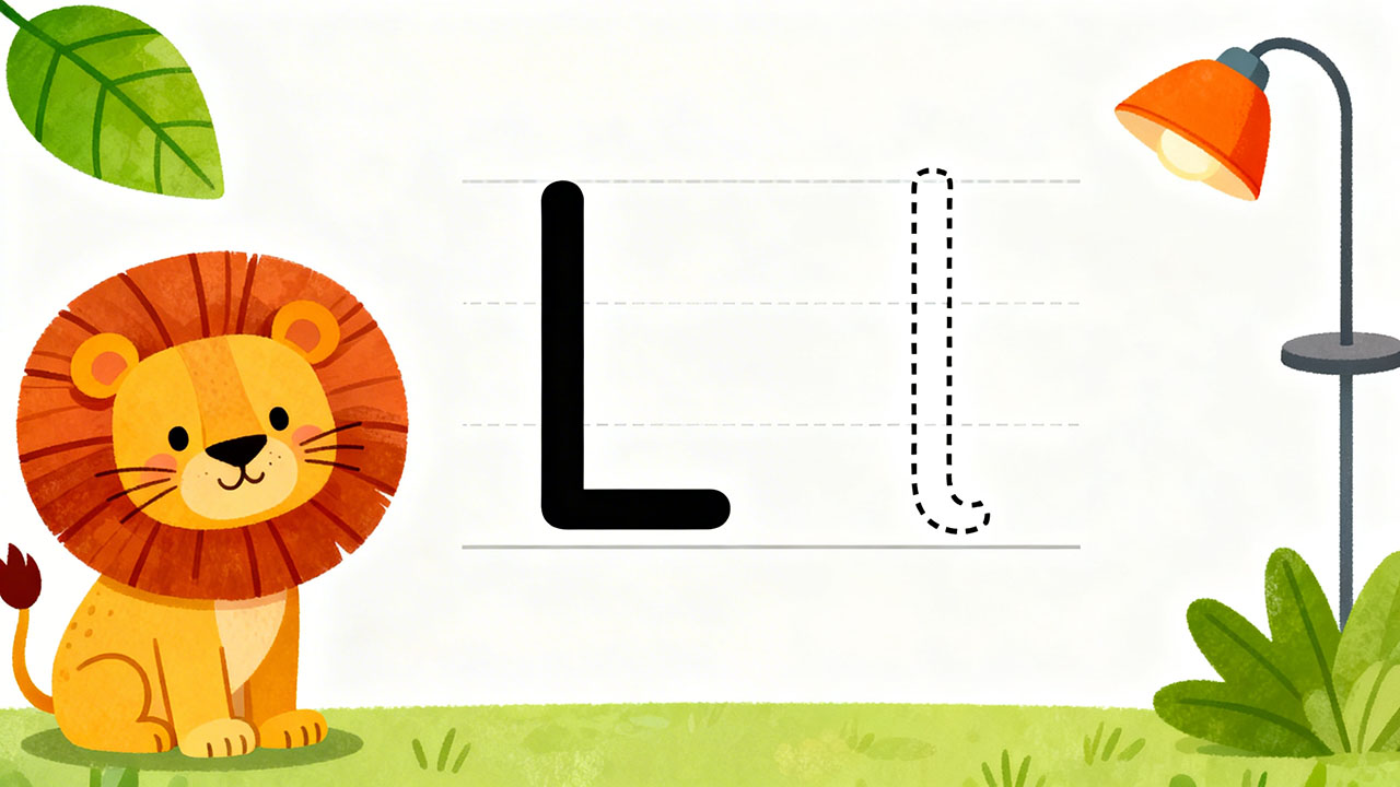Preschool letter L tracing worksheet with uppercase and lowercase L and cute lion and leaf illustrations