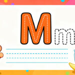 Preschool letter M tracing worksheet with uppercase and lowercase M and cute monkey and moon illustrations