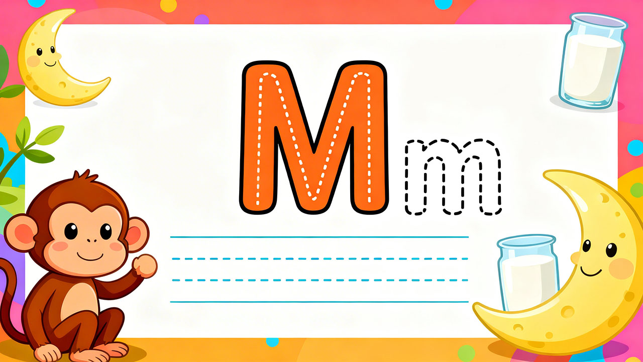 Preschool letter M tracing worksheet with uppercase and lowercase M and cute monkey and moon illustrations