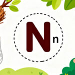 Preschool letter N tracing worksheet with uppercase and lowercase N and cute nest and net illustrations