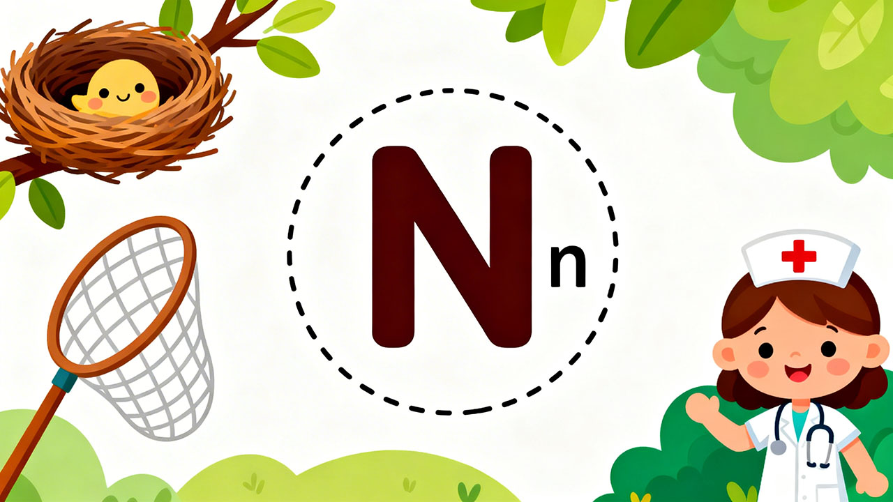 Preschool letter N tracing worksheet with uppercase and lowercase N and cute nest and net illustrations
