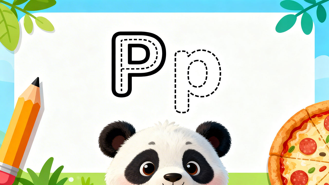 Preschool letter P tracing worksheet with uppercase and lowercase P and cute panda and pencil illustrations