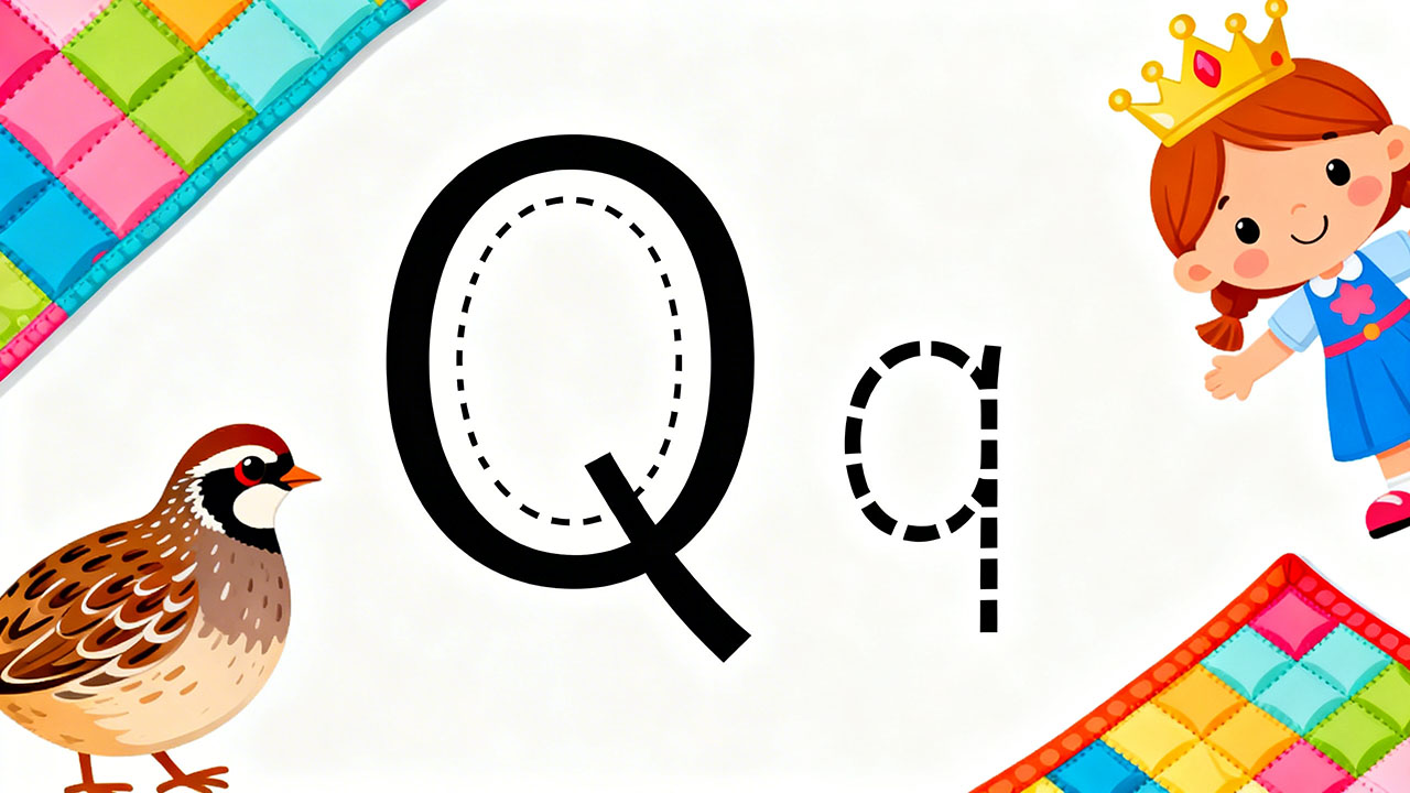 Preschool letter Q tracing worksheet with uppercase and lowercase Q and cute queen and quilt illustrations