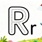 Preschool letter R tracing worksheet with uppercase and lowercase R and cute rabbit and rainbow illustrations