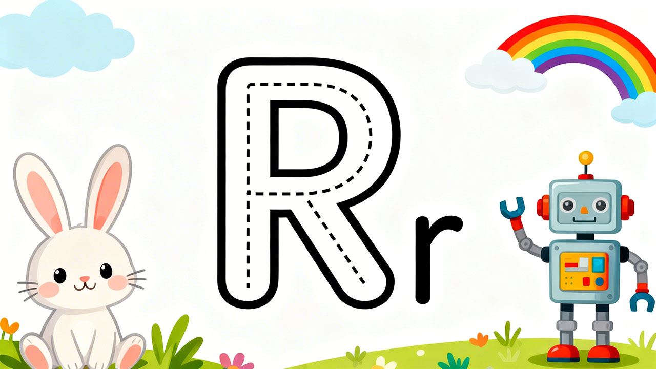 Preschool letter R tracing worksheet with uppercase and lowercase R and cute rabbit and rainbow illustrations