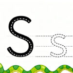 Preschool letter S tracing worksheet with uppercase and lowercase S and cute sun and snake illustrations