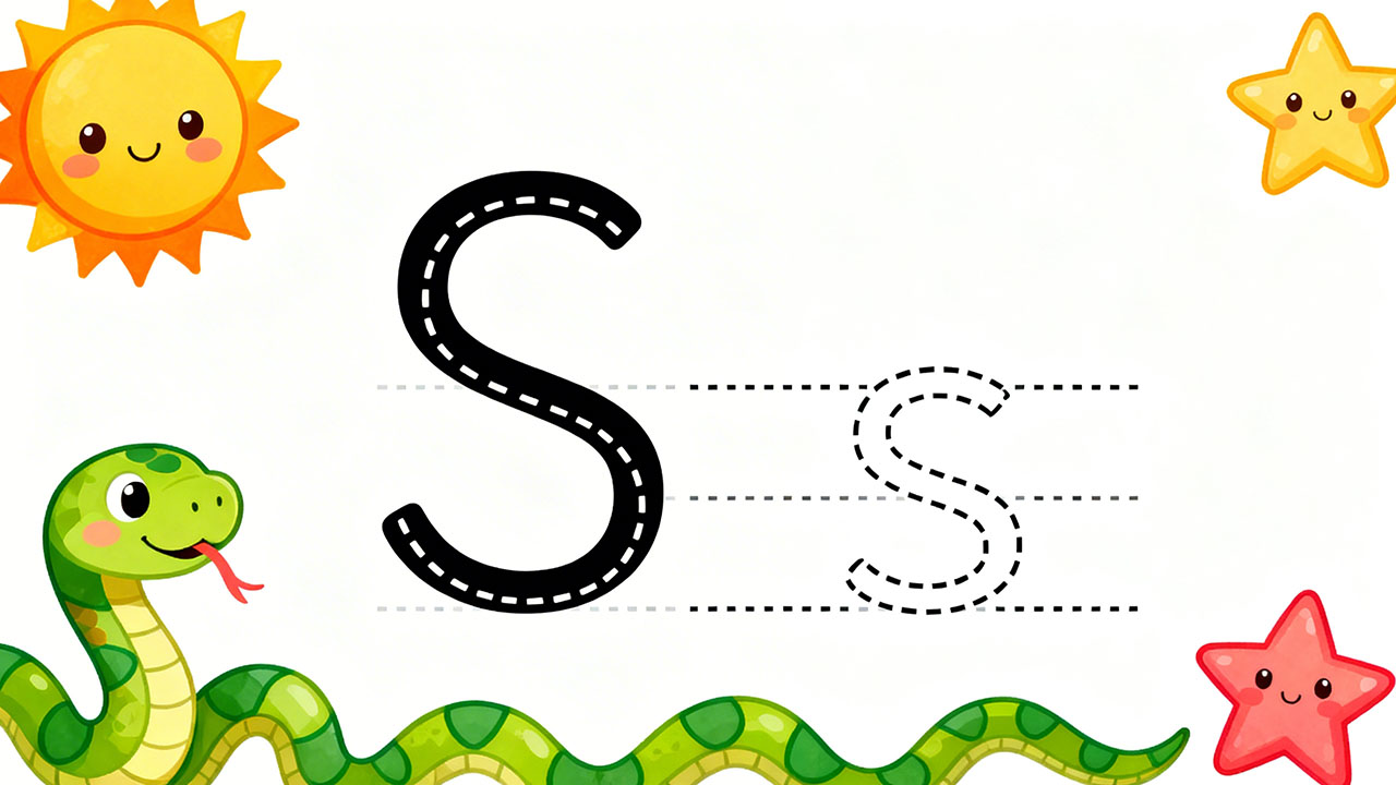 Preschool letter S tracing worksheet with uppercase and lowercase S and cute sun and snake illustrations
