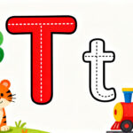 Preschool letter T tracing worksheet with uppercase and lowercase T and cute tiger and tree illustrations