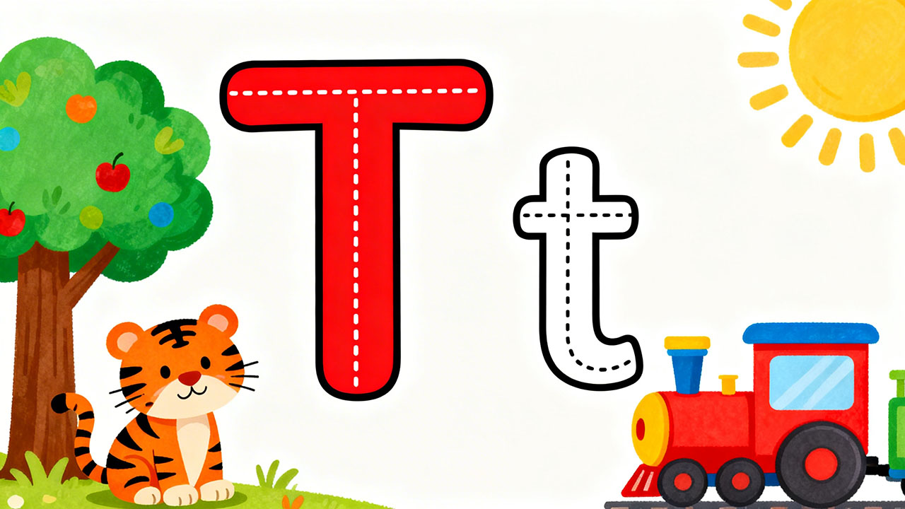 Preschool letter T tracing worksheet with uppercase and lowercase T and cute tiger and tree illustrations