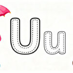 Preschool letter U tracing worksheet with uppercase and lowercase U and cute umbrella and unicorn illustrations