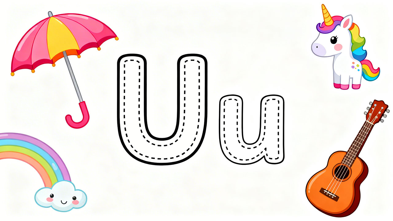 Preschool letter U tracing worksheet with uppercase and lowercase U and cute umbrella and unicorn illustrations