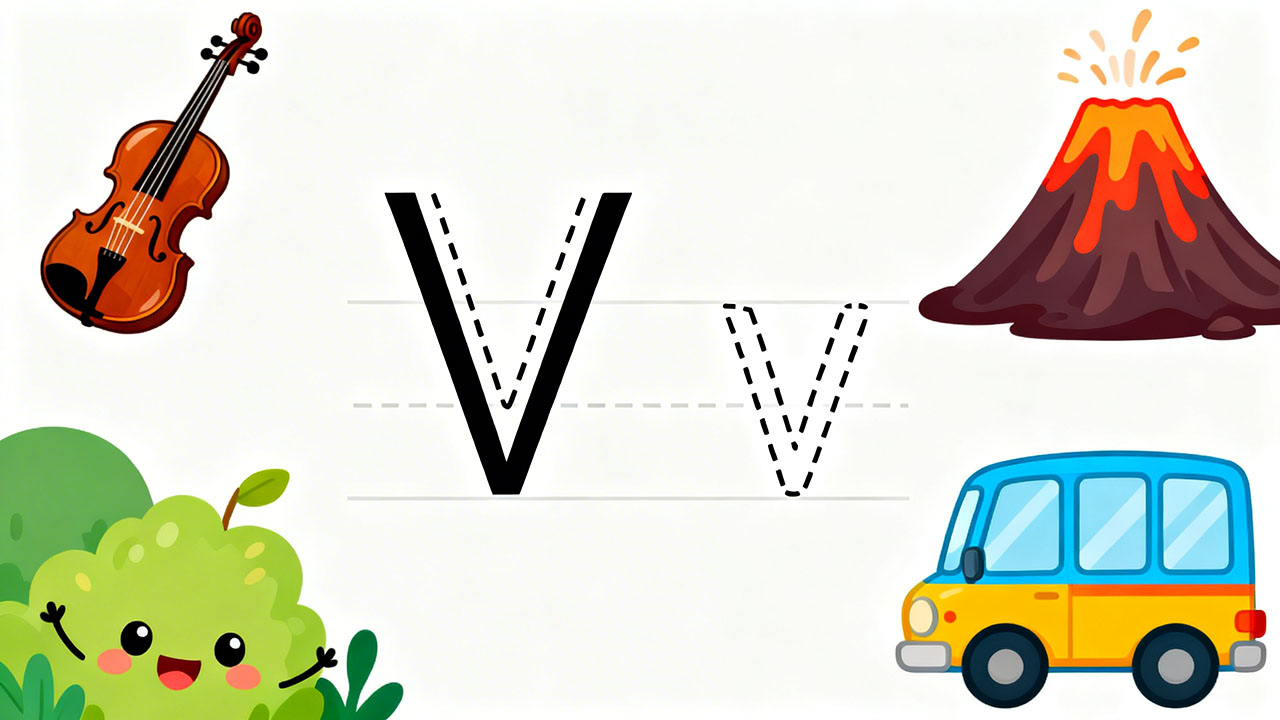 Preschool letter V tracing worksheet with uppercase and lowercase V and cute violin and volcano illustrations