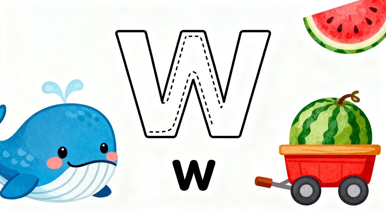 Preschool letter W tracing worksheet with uppercase and lowercase W and cute whale and watermelon illustrations