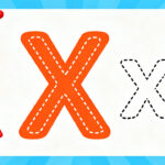 Preschool letter X tracing worksheet with uppercase and lowercase X and cute xylophone and fox illustrations