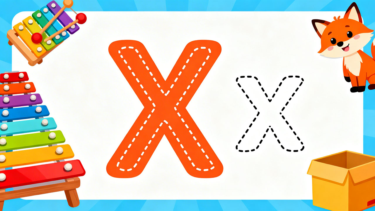 Preschool letter X tracing worksheet with uppercase and lowercase X and cute xylophone and fox illustrations