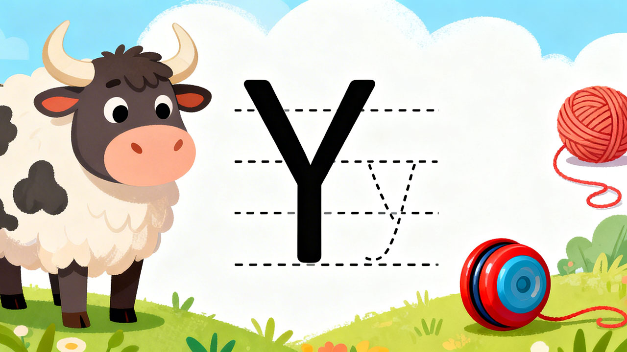 Preschool letter Y tracing worksheet with uppercase and lowercase Y and cute yak and yo-yo illustrations