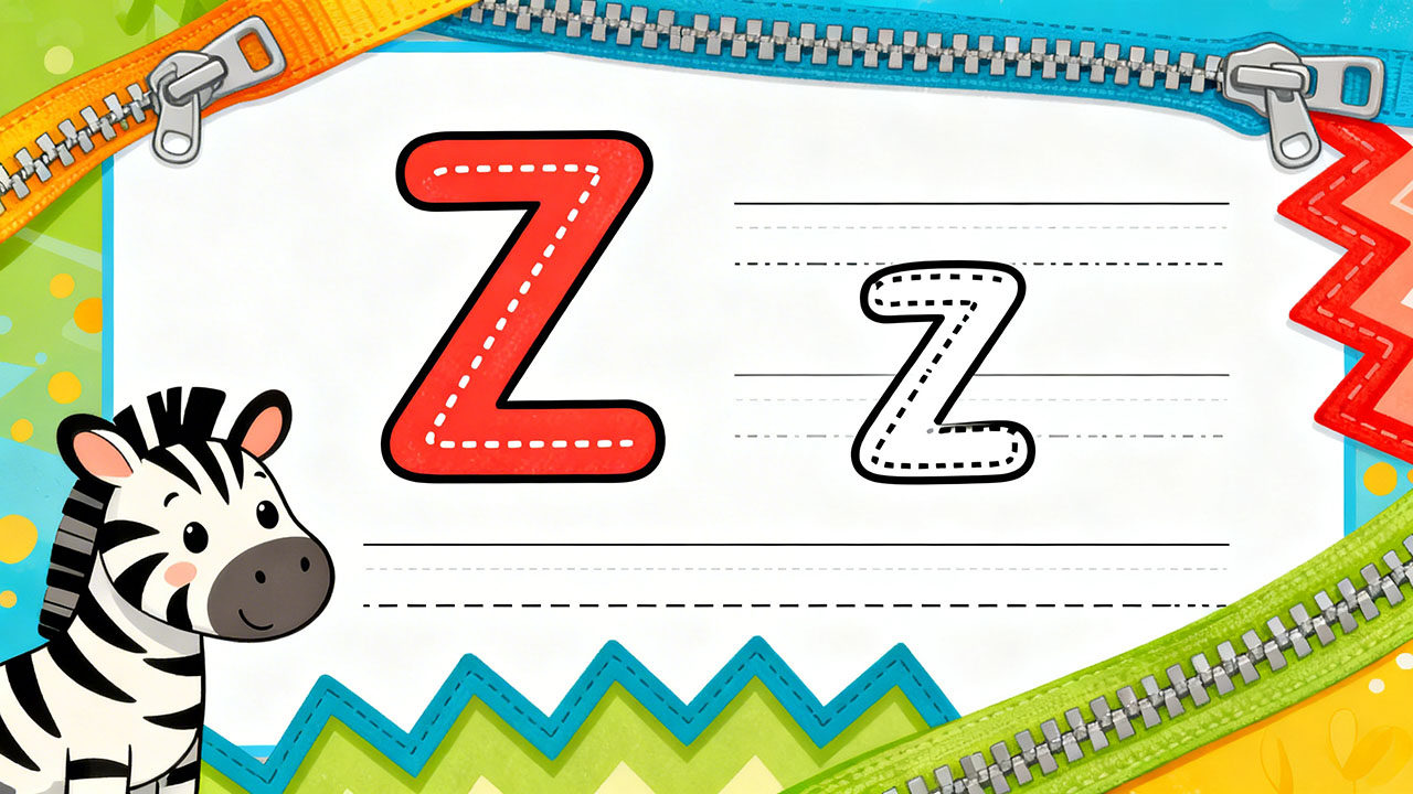Preschool letter Z tracing worksheet with uppercase and lowercase Z and cute zebra and zipper illustrations