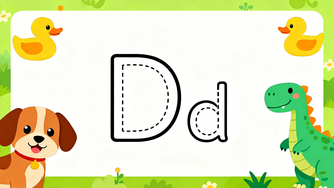 Preschool letter D tracing worksheet with uppercase and lowercase D and cute dog and duck illustrations